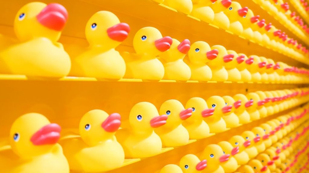 Rubber ducks on a shelf